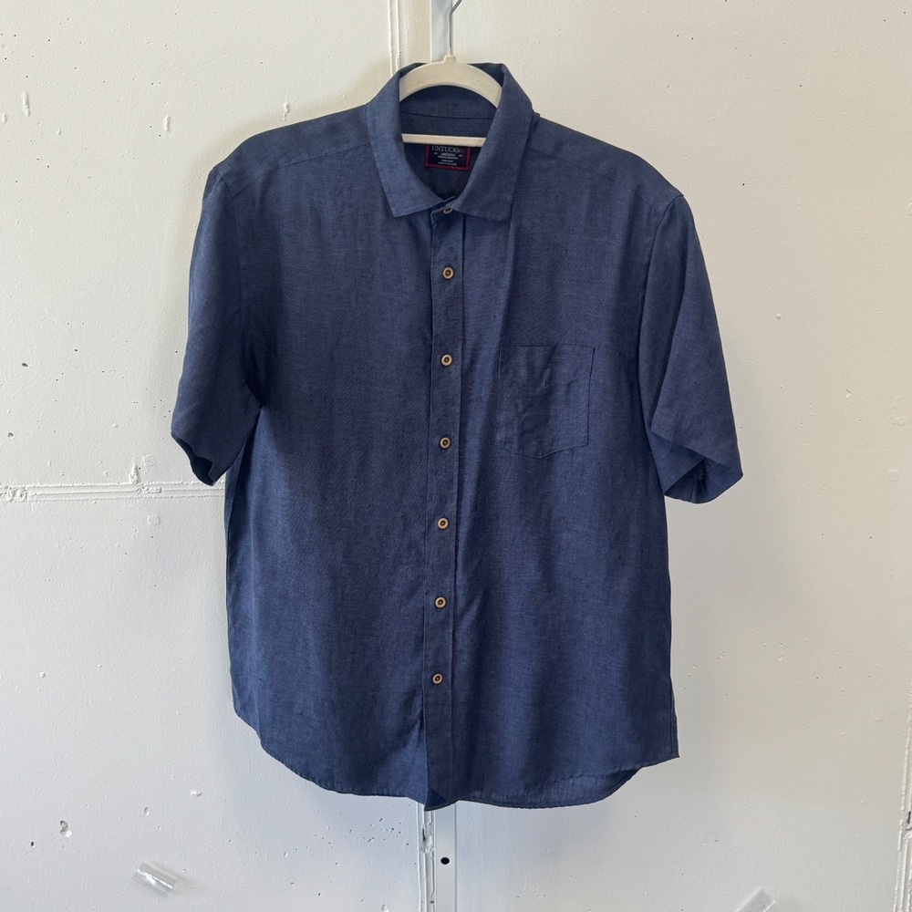 UNTUCKit Cameron WR Navy Blue 100% Linen Short Sleeve Shirt Mens Medium 40878
